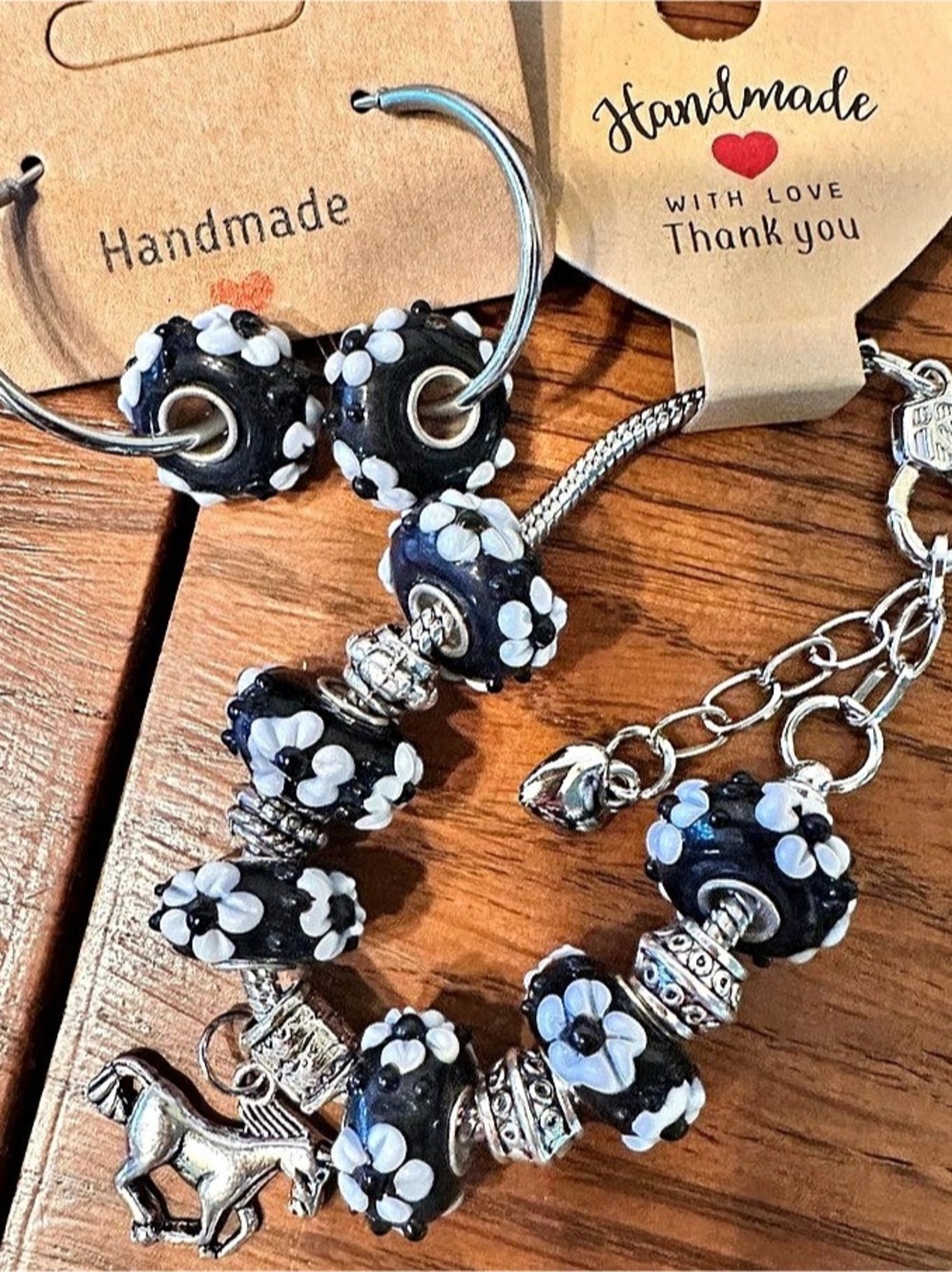 Handmade European/Pandora style Bracelet and earring Set in Glass Floral Black